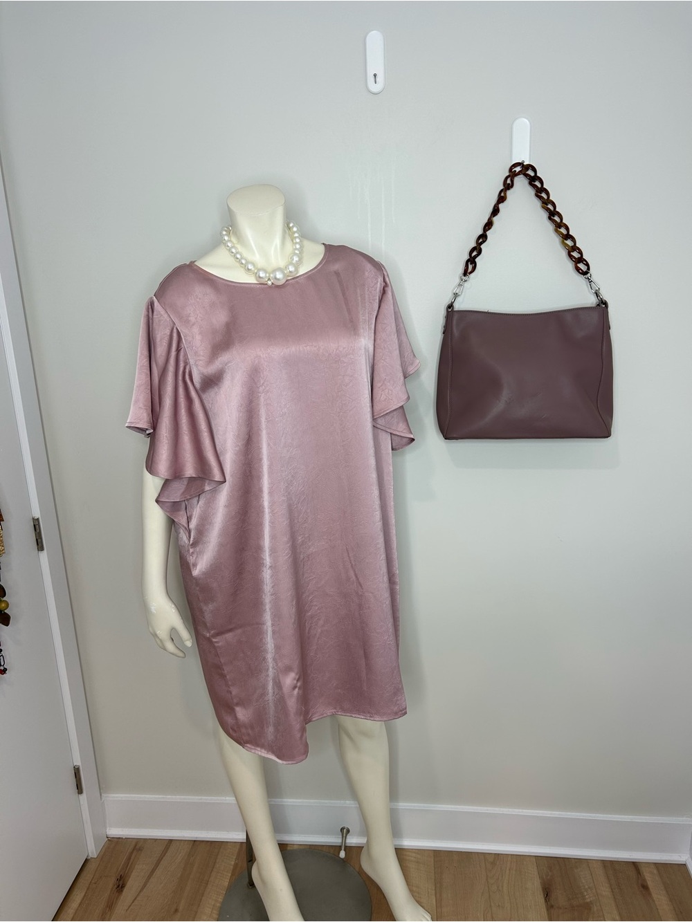 Gorgeous Satin Flutter-Sleeve Midi Dress in Dusty Rose❤️XL